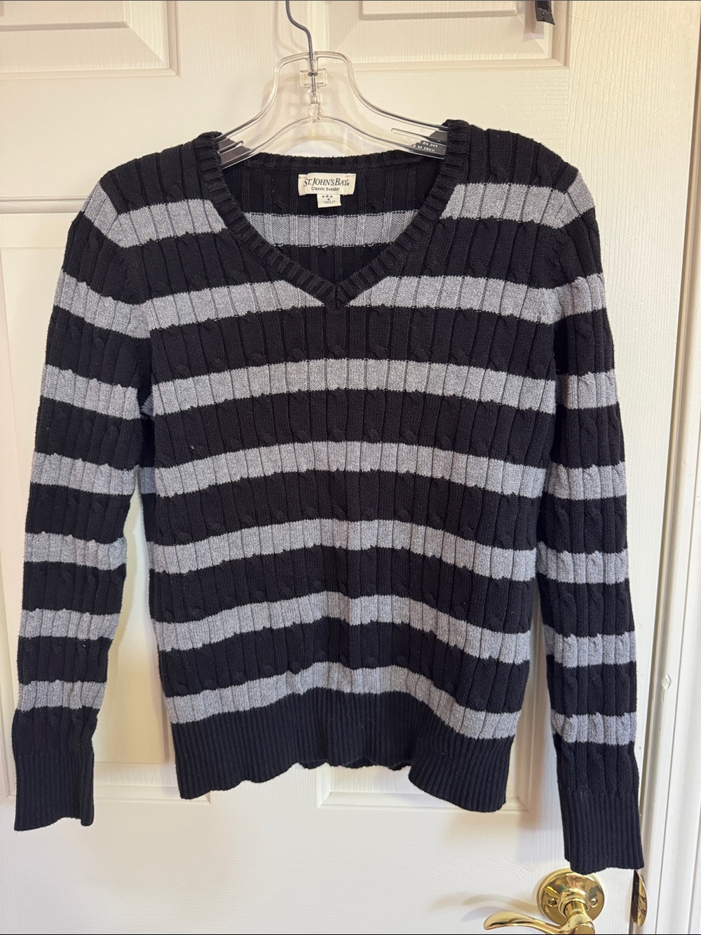 St. John's Bay Women's Black and Gray Striped V-Neck Ribbed Sweater